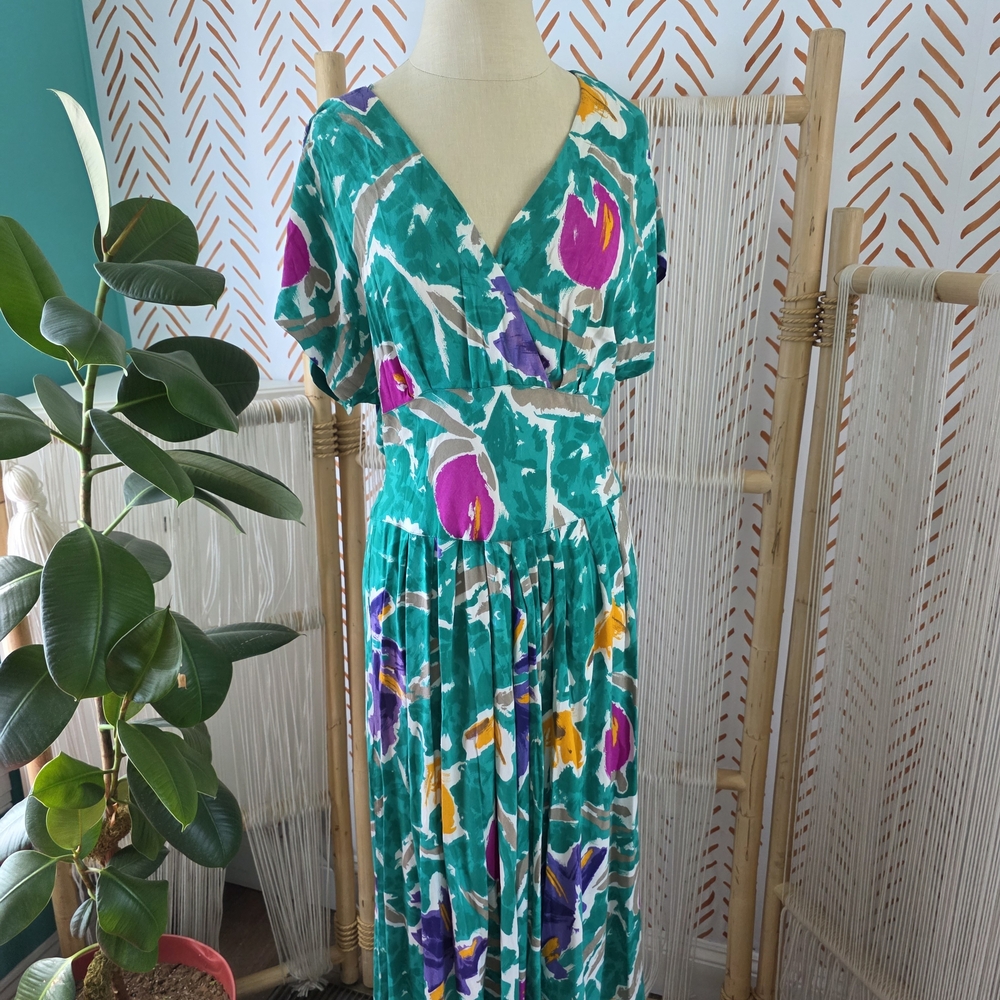 Vibrant Floral Midi Dress in Green and Purple